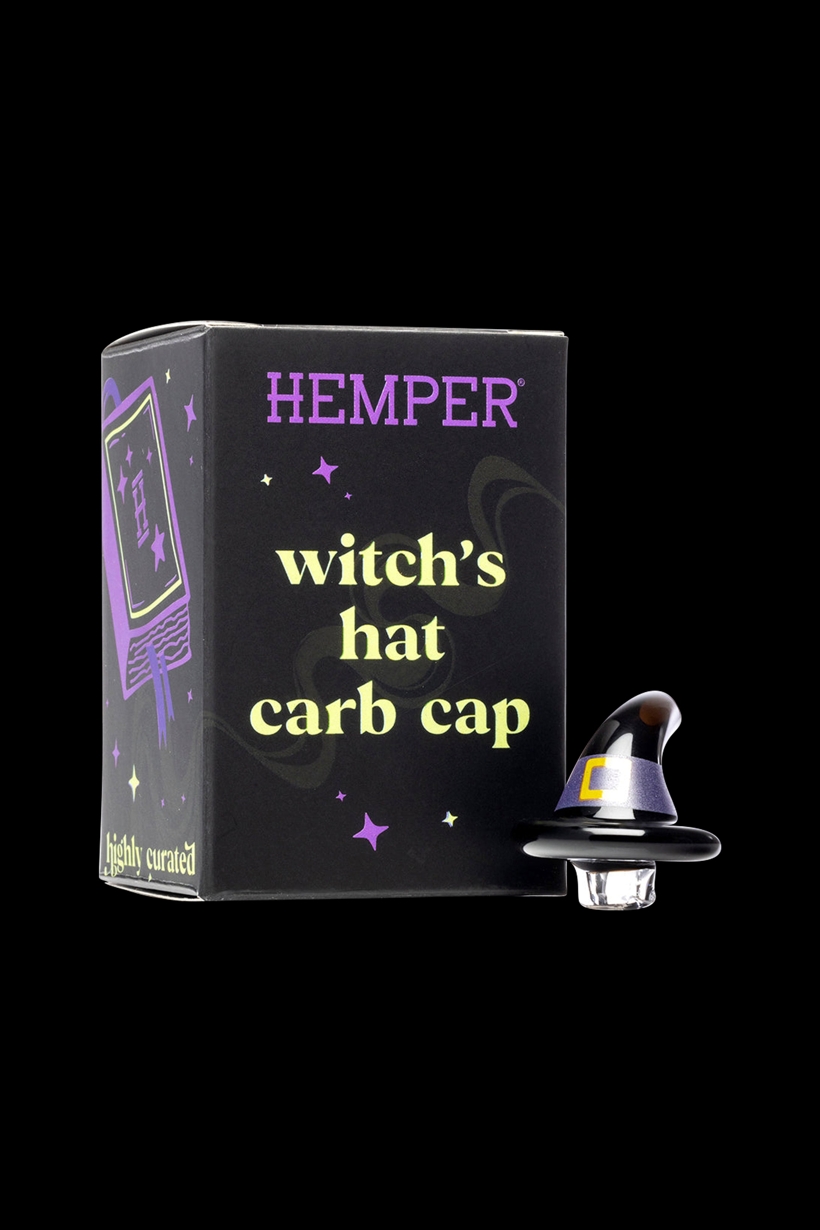 Black box for Hemper’s “witch’s hat” carb cap with a matching purple and white carb cap displayed.