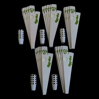 Top-down view of multiple white Dispoze-a-Bowl® 25 Pack: Fresh, Clean, & Convenient Smoking Pipes with stainless steel bowls fanned on black.