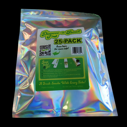 Top-down view of a holographic pouch labeled "The Dispoze-a-Bowl® 25 Pack: Fresh, Clean, & Convenient Smoking Pipes with Stainless Steel Bowl" showing a green product label, QR code and barcode.