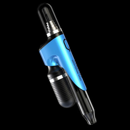 Angled close-up of a glossy black and metallic blue Lookah Seahorse King Vaporizer against a solid black background.