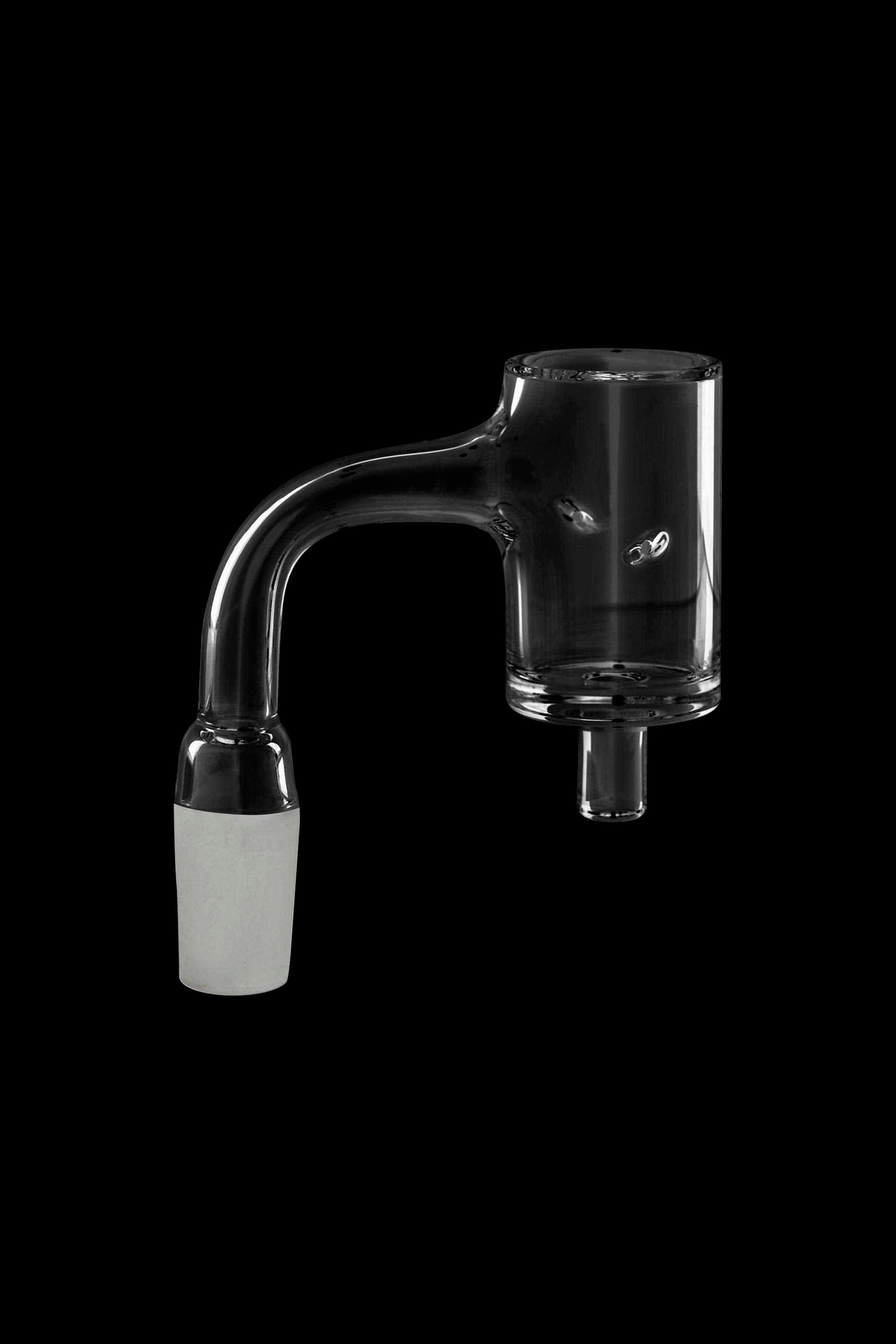 Clear glass dab rig with angled mouthpiece and joint.