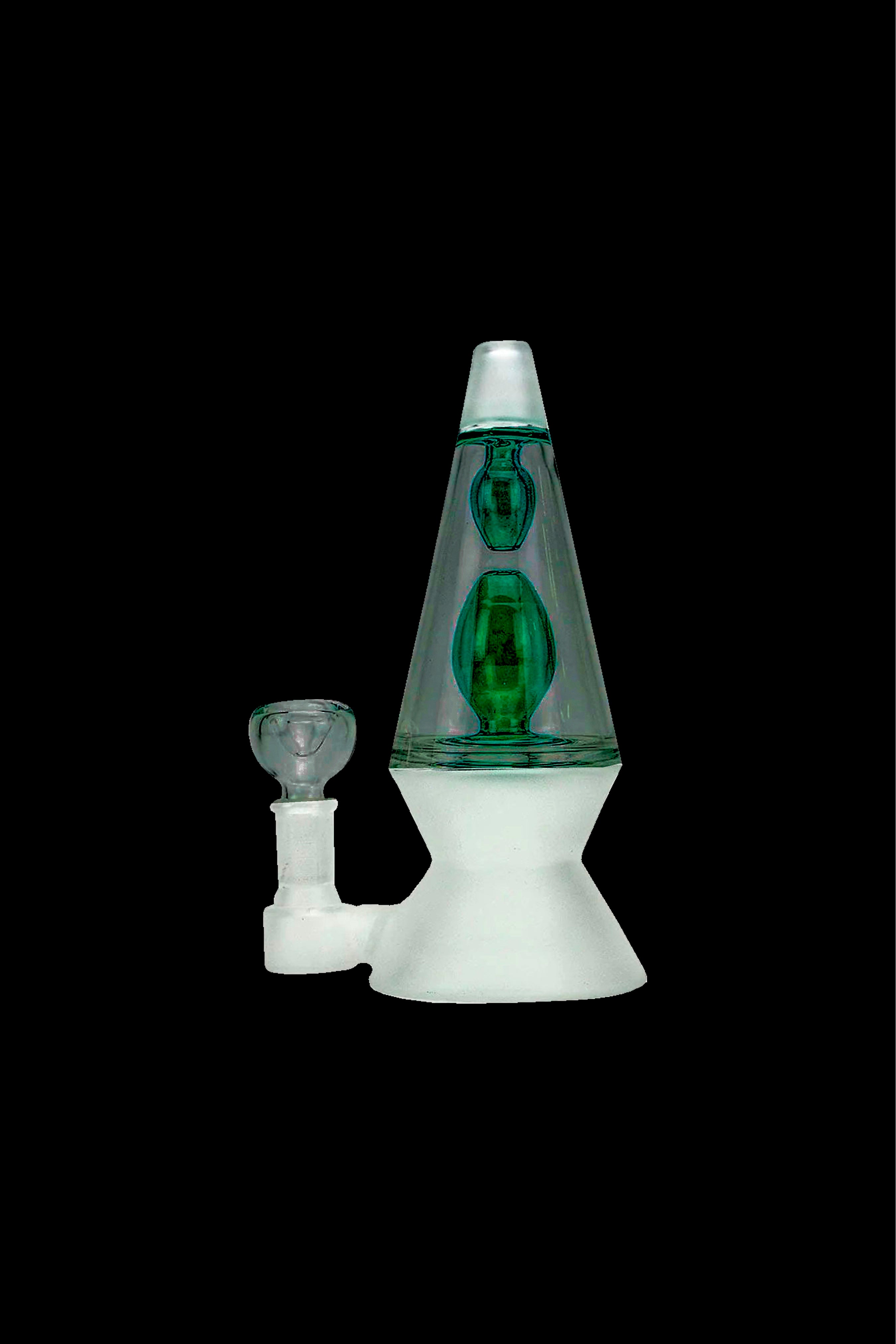 Glowing green glass water pipe with a separate glass bowl piece, set against a black background.