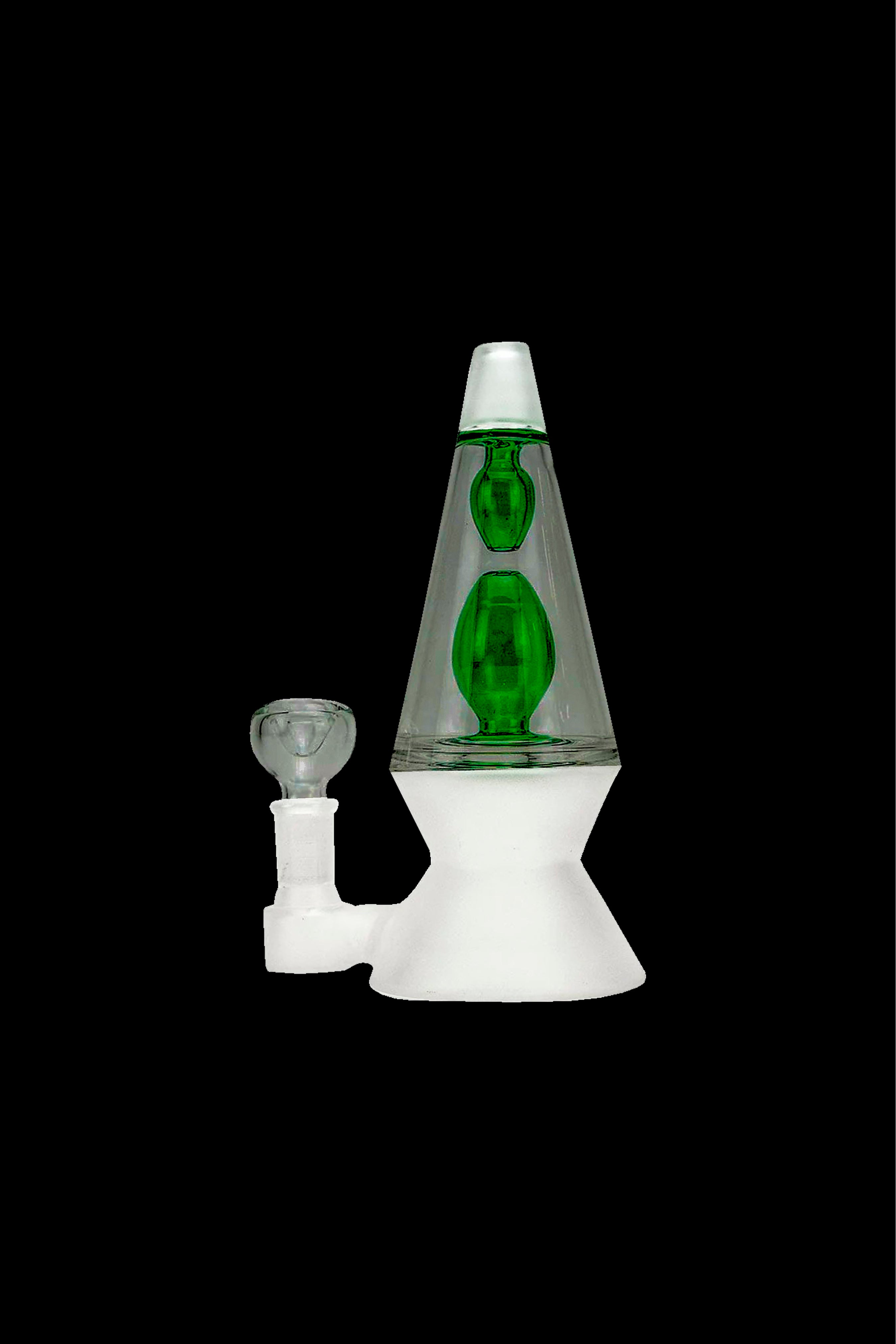 Green lava lamp-shaped dab rig with accompanying glass bowl, isolated on black.