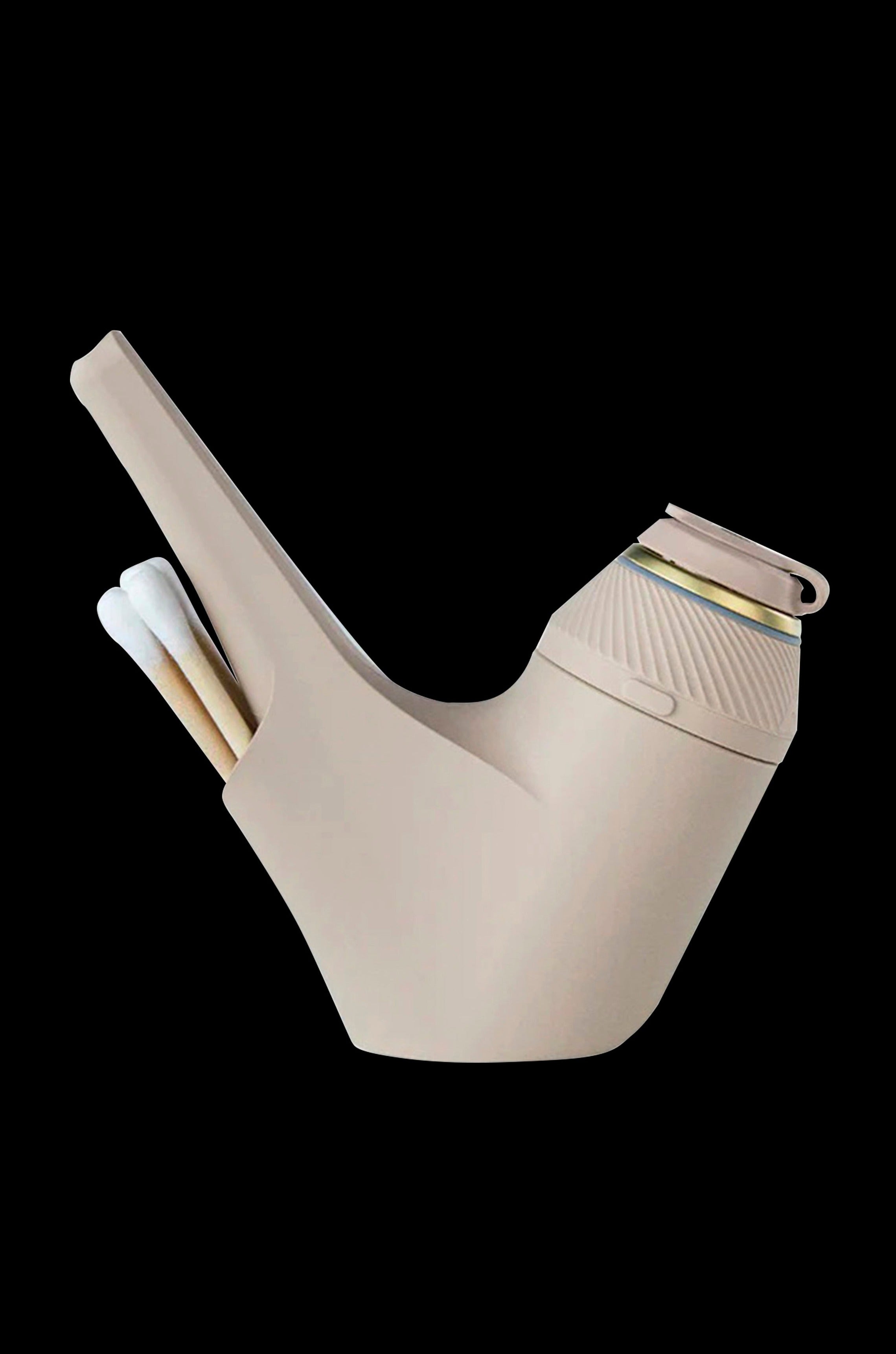 Beige silicone water pipe with a clear glass bowl, isolated on a black background.