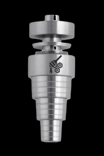 Silver titanium cannabis concentrate nail (dab nail) with a graphic logo.