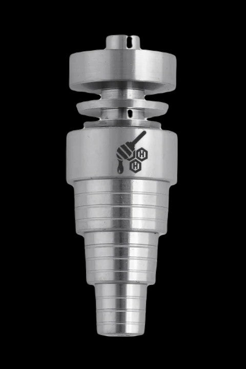 Silver titanium cannabis concentrate nail (dab nail) with a graphic logo.