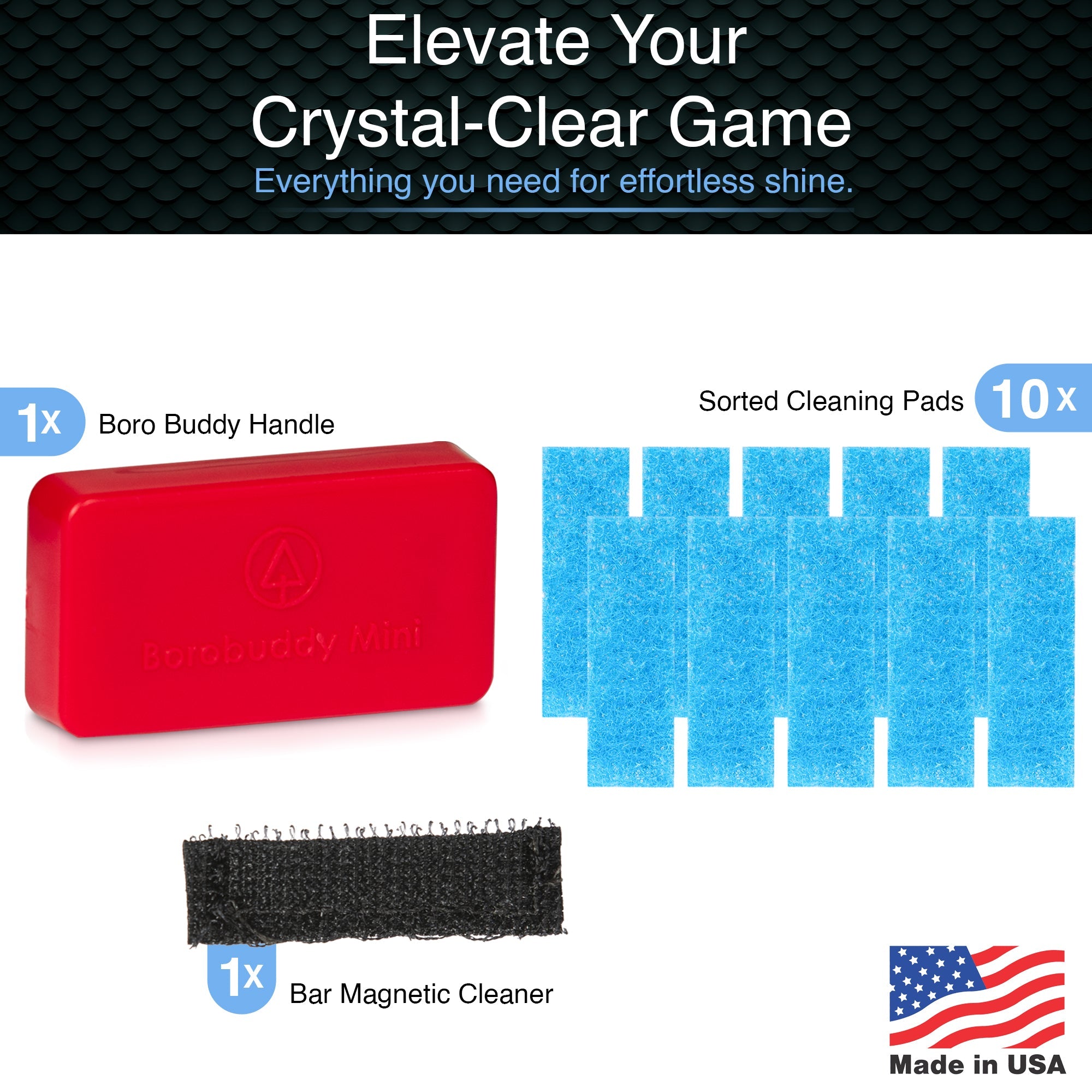 Cannabis cleaning kit including a red Boro Buddy Mini handle, ten blue cleaning pads, and a magnetic bar cleaner, all labeled "Made in USA."