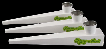 Three white “Dispose-a-Bowl” disposable smoking pipe attachments with metal bowls.