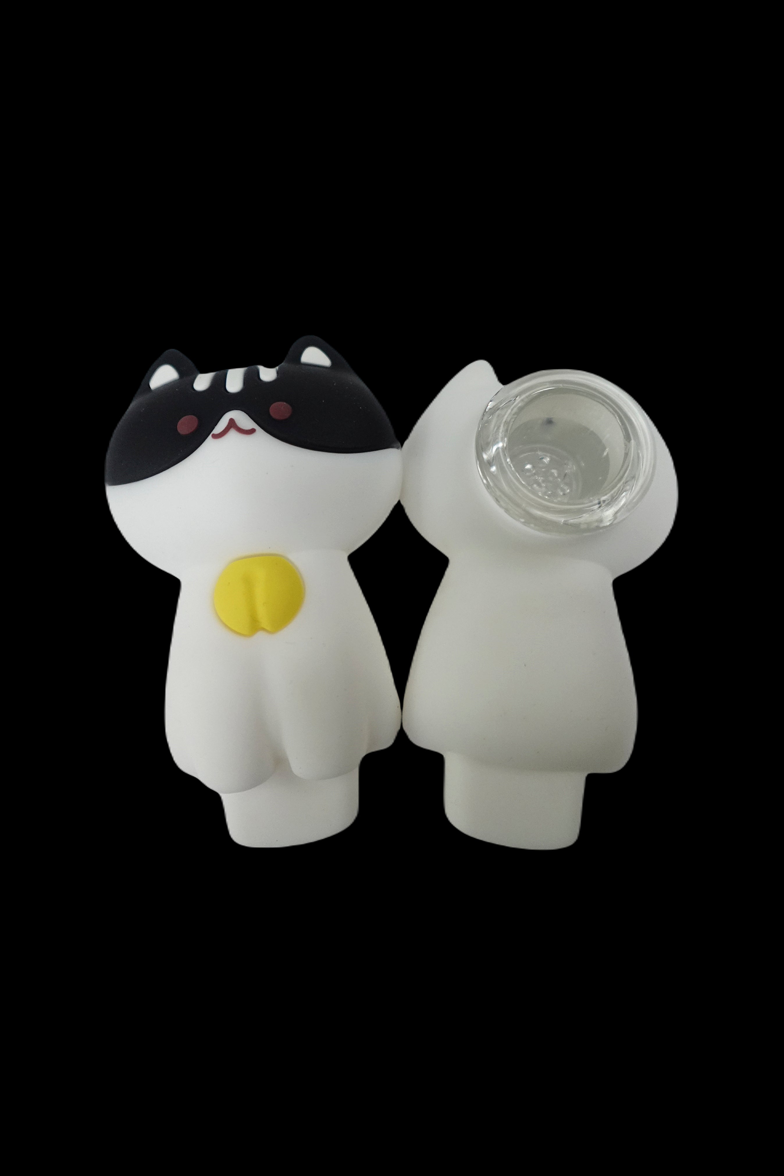 White ceramic pipe shaped like a cat with black ears and a yellow button.