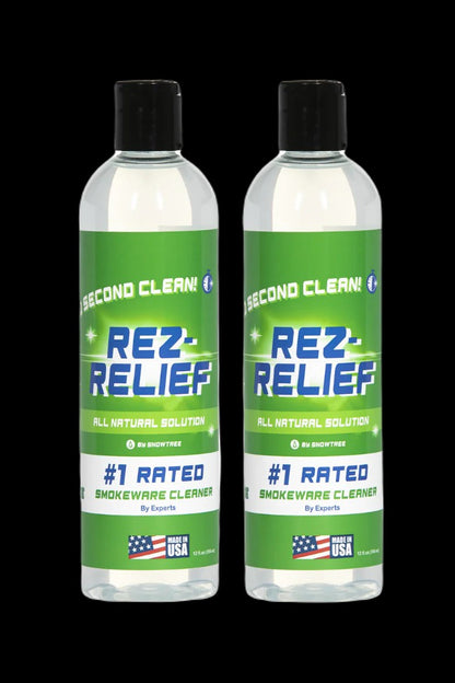 Two bottles of “Rez Relief” all-natural smokeware cleaner with green labels and white text, marketed as #1 rated and made in the USA."