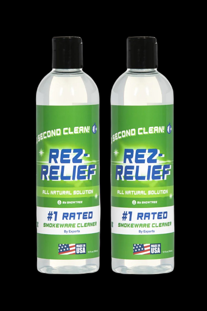 Two bottles of “Rez Relief” all-natural smokeware cleaner with green labels and white text, marketed as #1 rated and made in the USA."