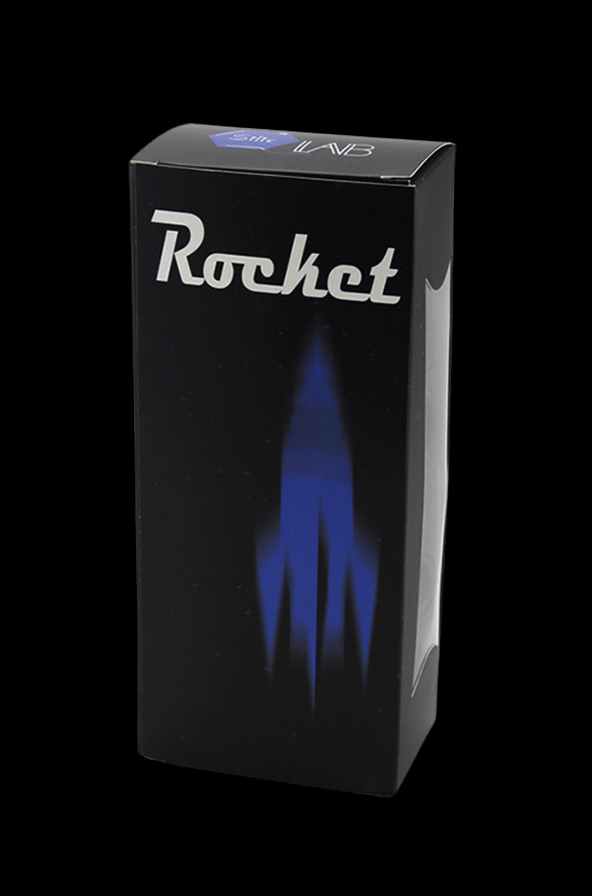 Black packaging for “Rocket” cannabis lighter with blue flame graphic.