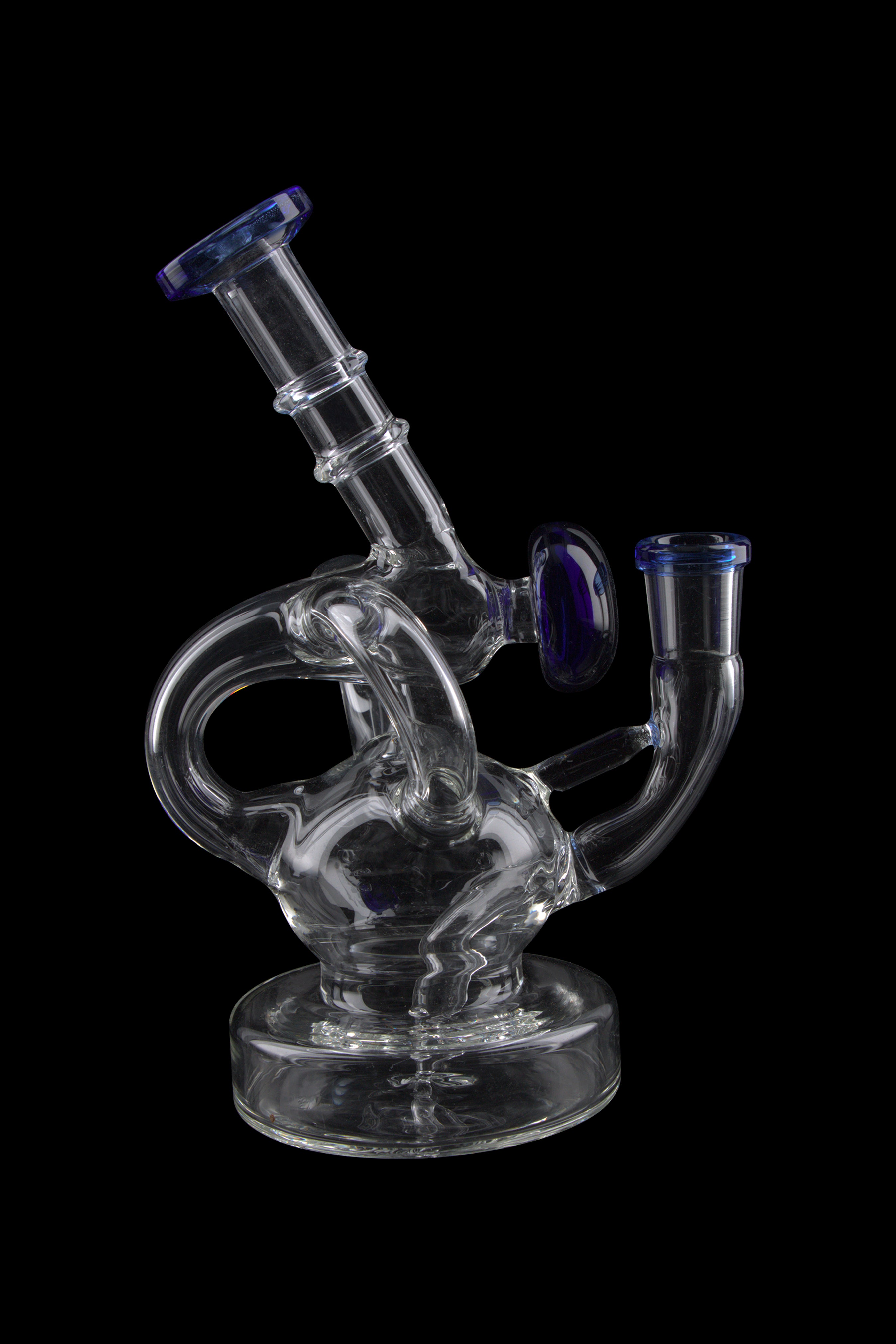 Clear glass water pipe (rig) with blue accents, isolated on a black background.