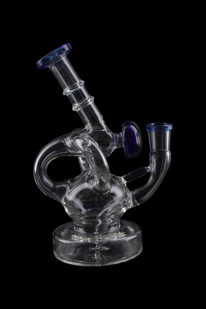 Clear glass water pipe (rig) with blue accents, isolated on a black background.