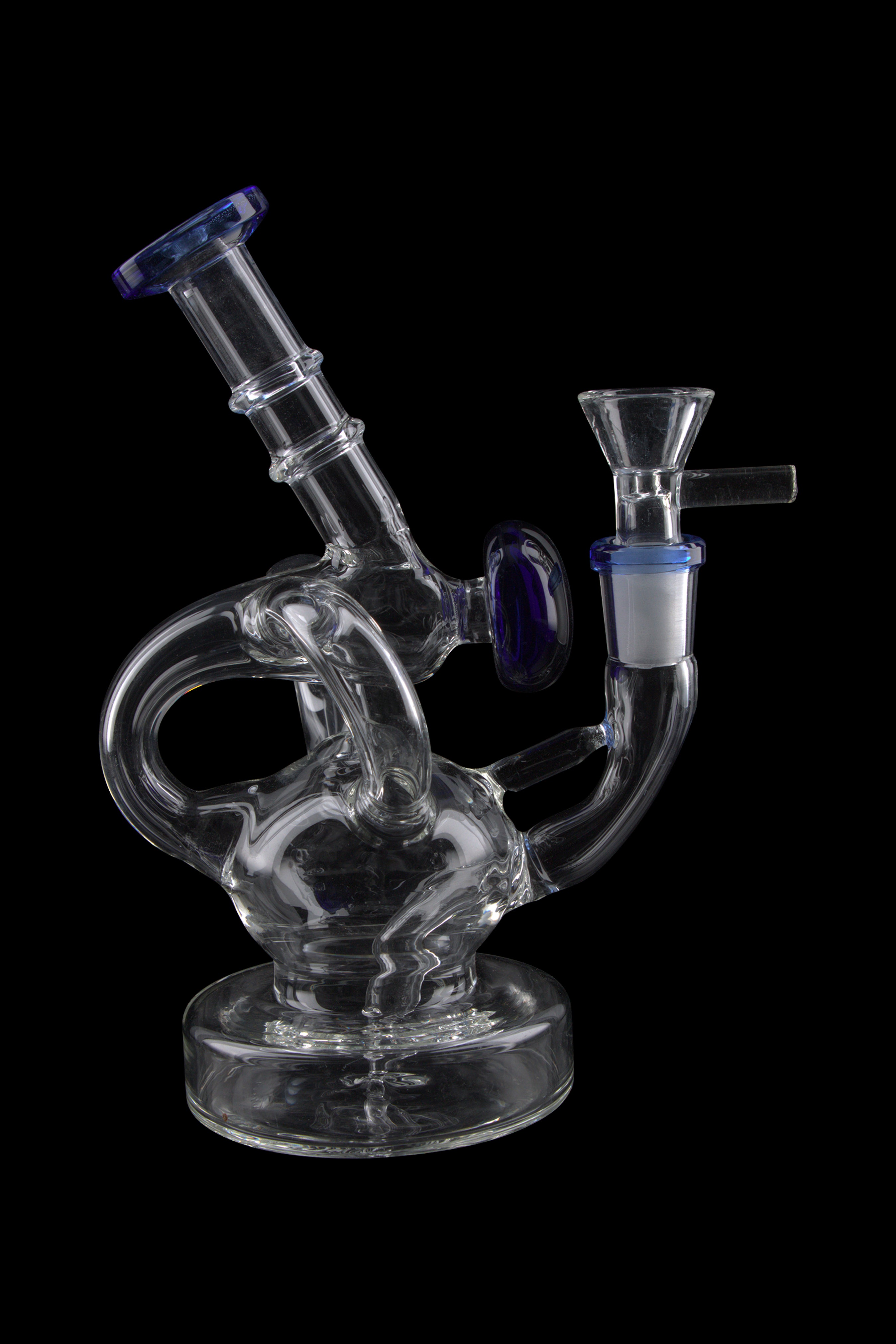 Clear glass water pipe with blue accents, isolated on a black background.