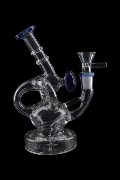 Clear glass water pipe with blue accents, isolated on a black background.