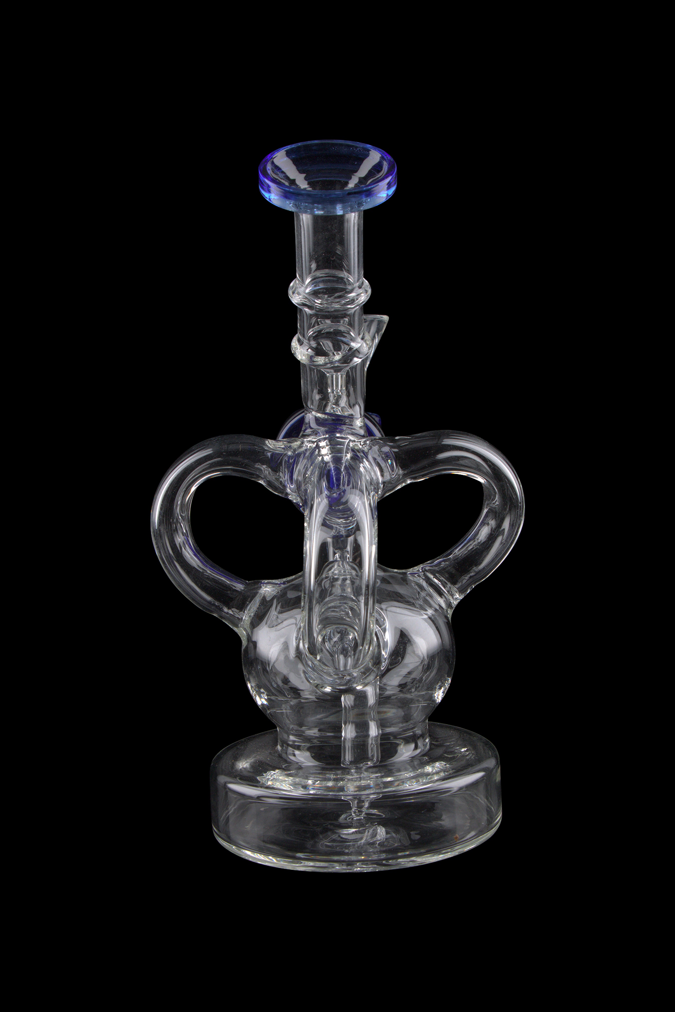 Clear glass dab rig with blue accents, isolated on a black background.