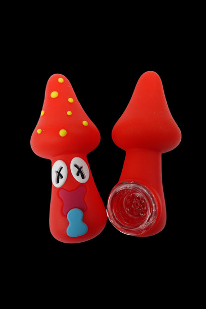 Red silicone mushroom-shaped glass pipe for smoking cannabis.