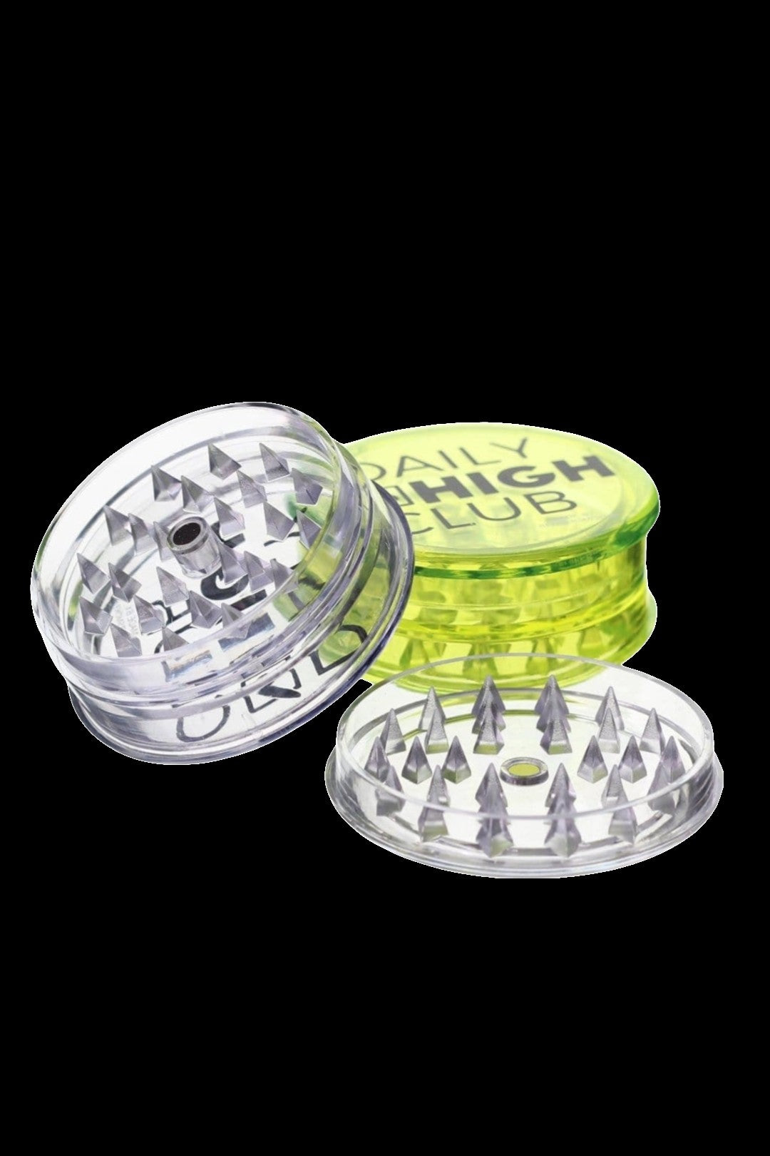 Clear cannabis grinder with metallic teeth, separated into three parts, with “Daily High Club” branding on the middle section.