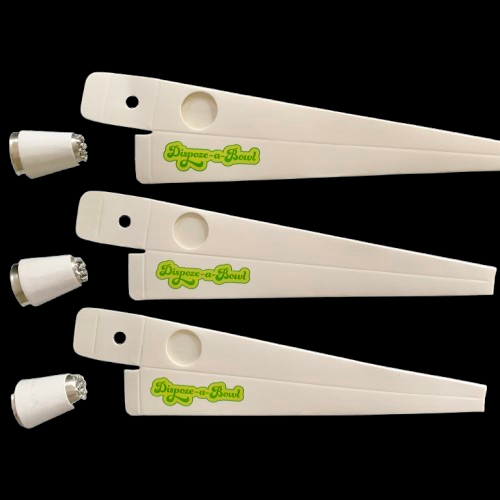 Three white “Dispose-a-Bowl” single-use glass smoking pipe attachments stacked against a black background.