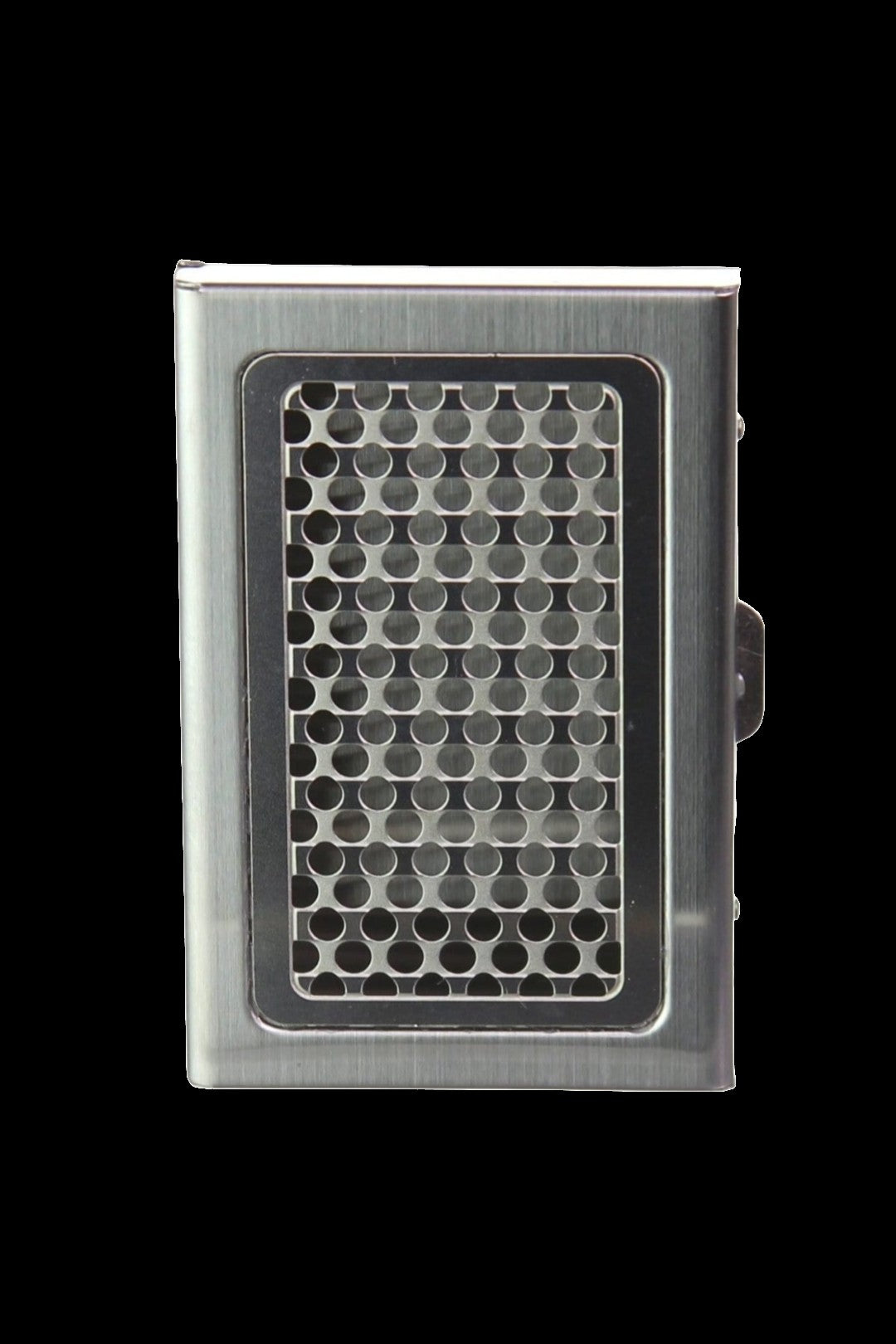 Silver metal grinder card with perforated surface.