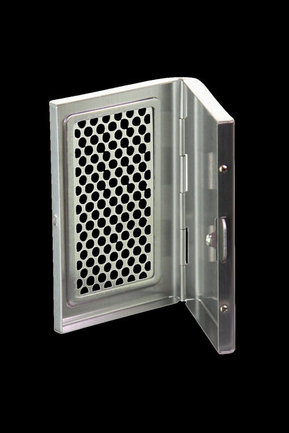 Clear smell-proof container with perforated panel, open to reveal interior."