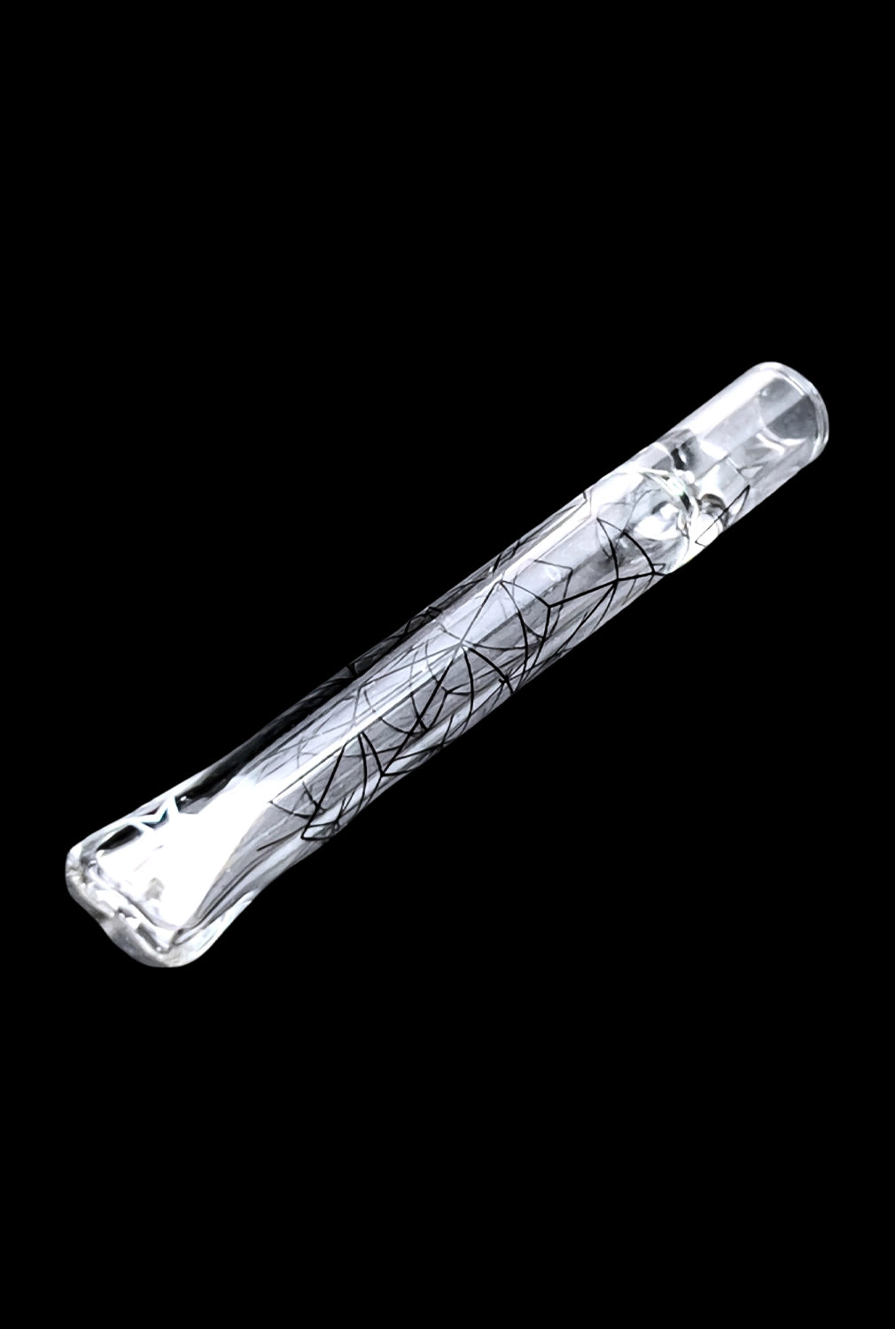 Glass cannabis smoking pipe with black geometric design.