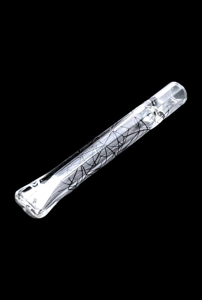 Glass cannabis smoking pipe with black geometric design.