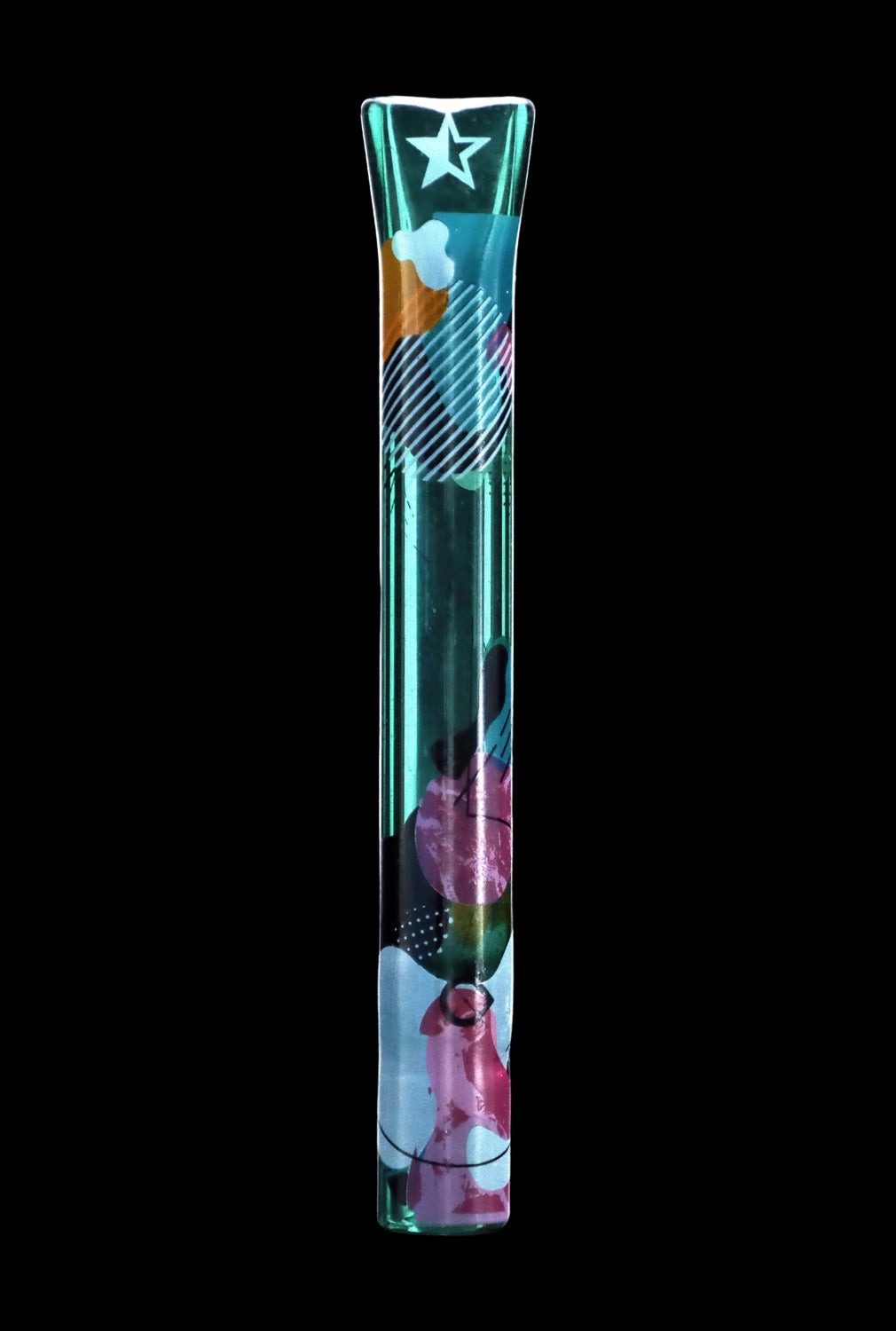 A brightly colored glass cannabis water pipe with abstract floral and geometric patterns, set against a black background.