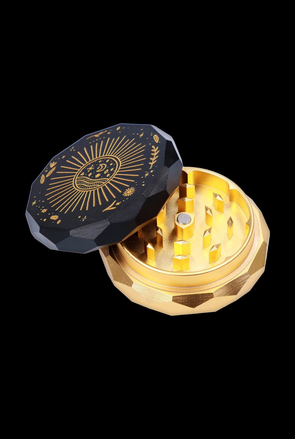 Gold and black geometric cannabis grinder with celestial design details.