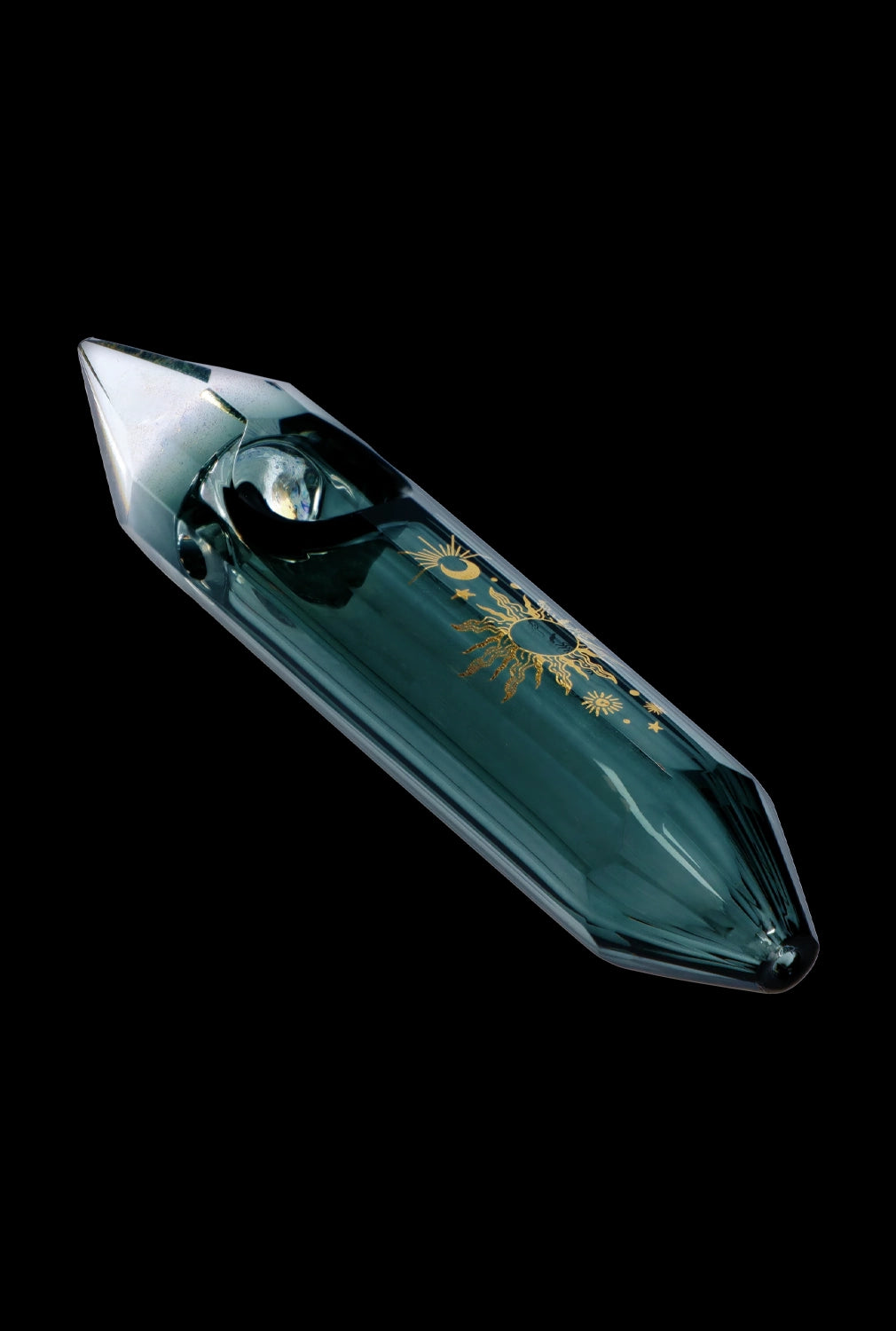 Emerald green glass pipe with gold celestial designs, isolated on black.