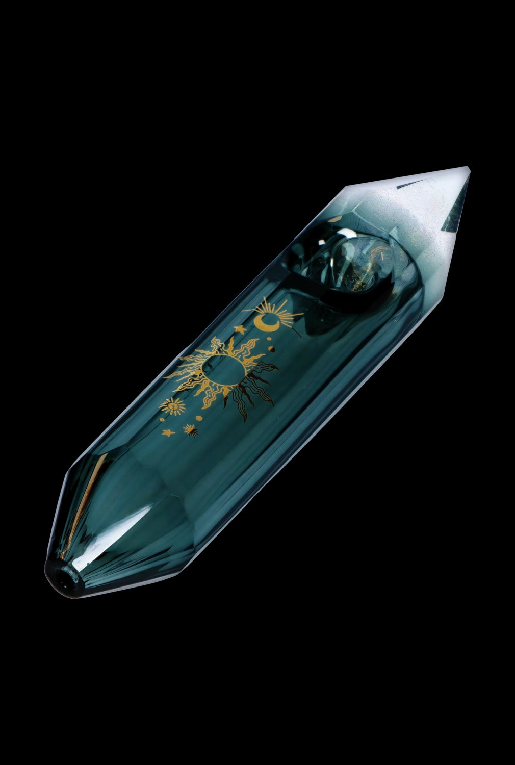 Emerald green glass pipe with gold celestial and cannabis leaf designs, isolated on black.