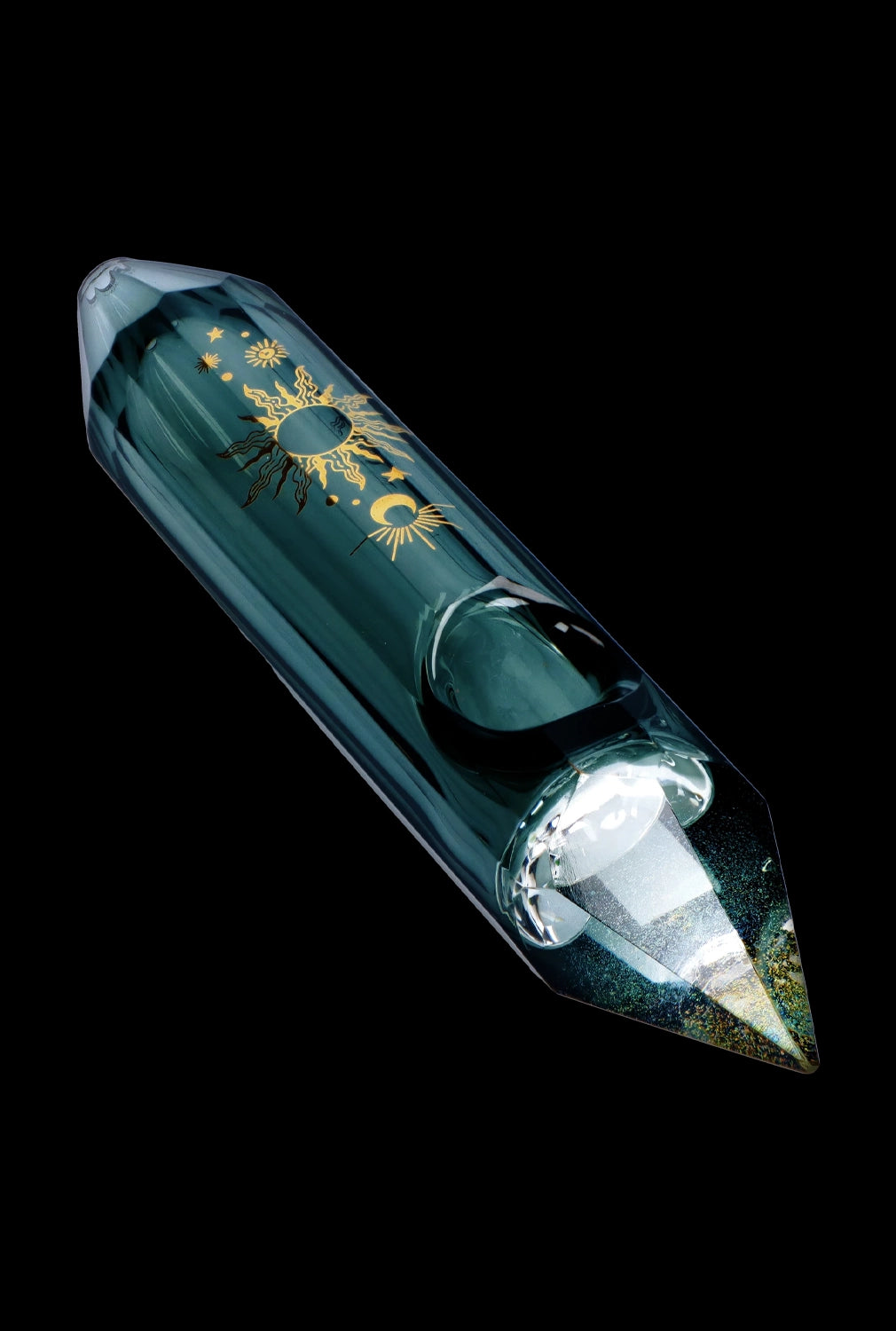 Emerald green glass pipe with celestial gold foil designs and a faceted mouthpiece.