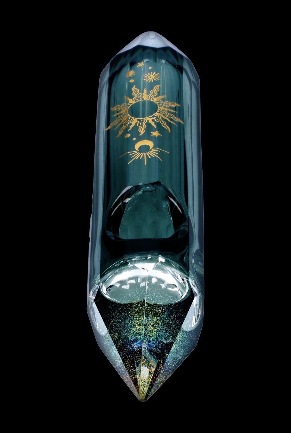 Emerald green glass water pipe with gold celestial designs, featuring a bulbous chamber and pointed mouthpiece, against a black background.