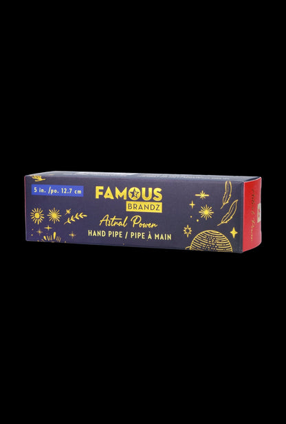 Red box for a "Famous Brandz" Astral Power hand pipe, decorated with star and leaf illustrations.