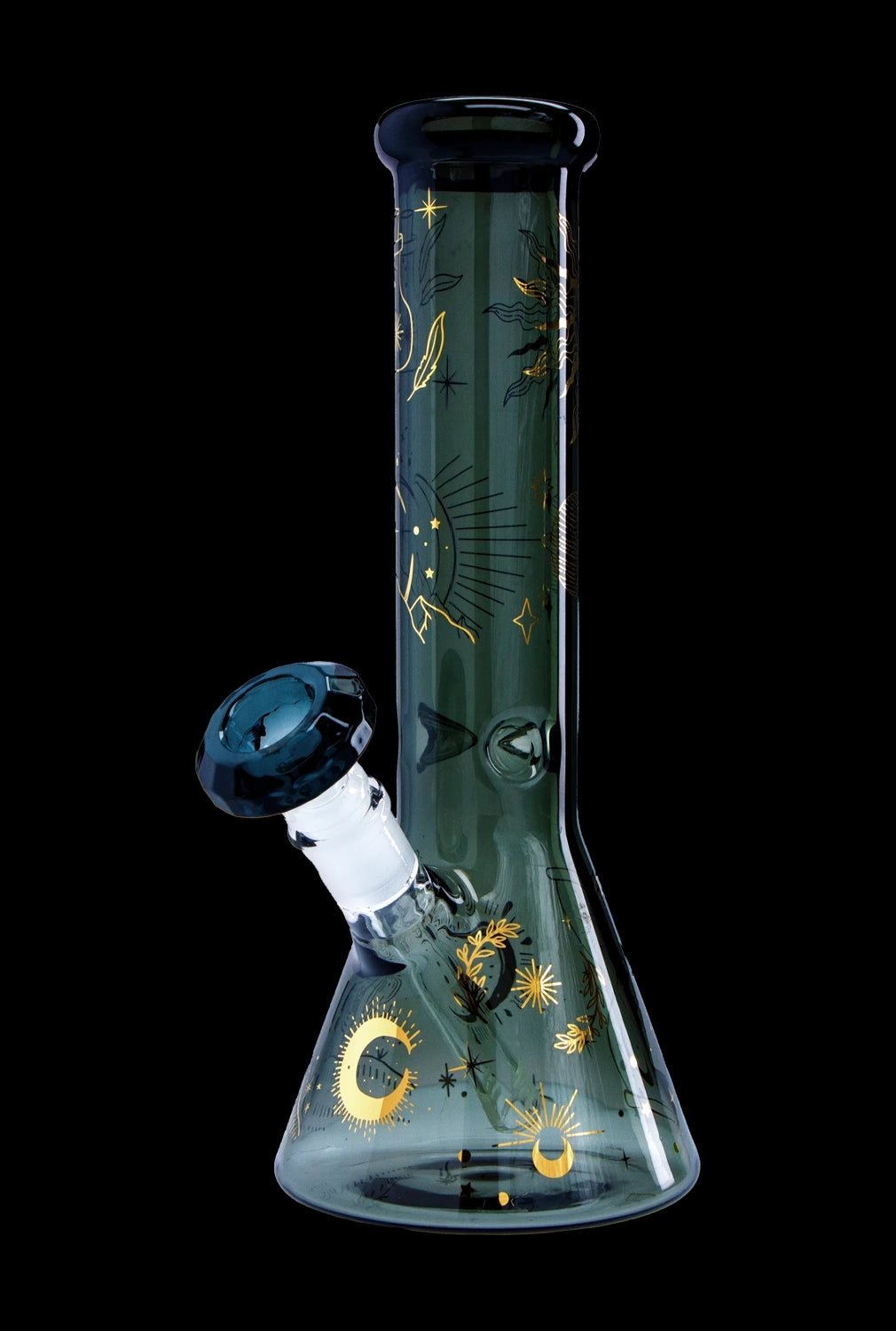 Green glass bong with gold celestial designs, featuring a flared base and intricate mouthpiece.