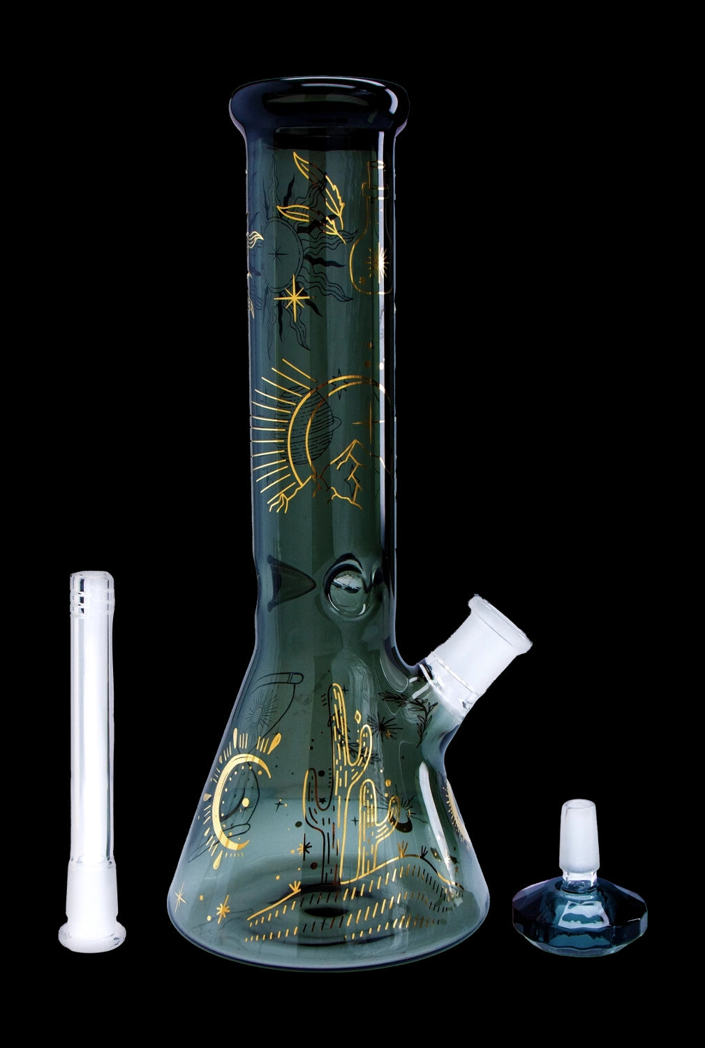 Green glass bong with celestial-themed gold illustrations, accompanied by a glass downstem and bowl.
