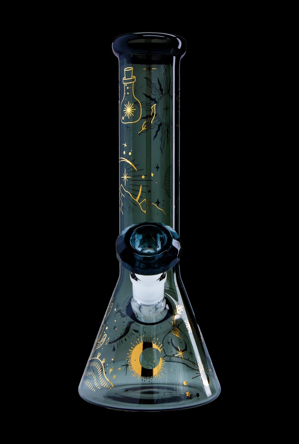 Green glass bong with golden celestial designs.