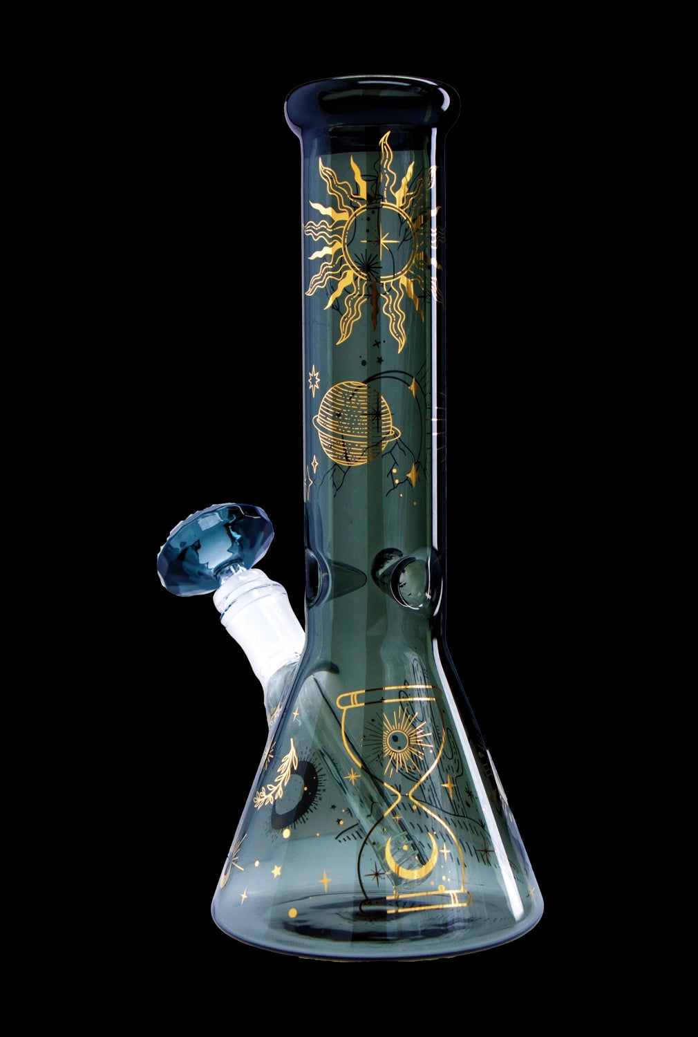 Green glass bong with gold celestial designs.