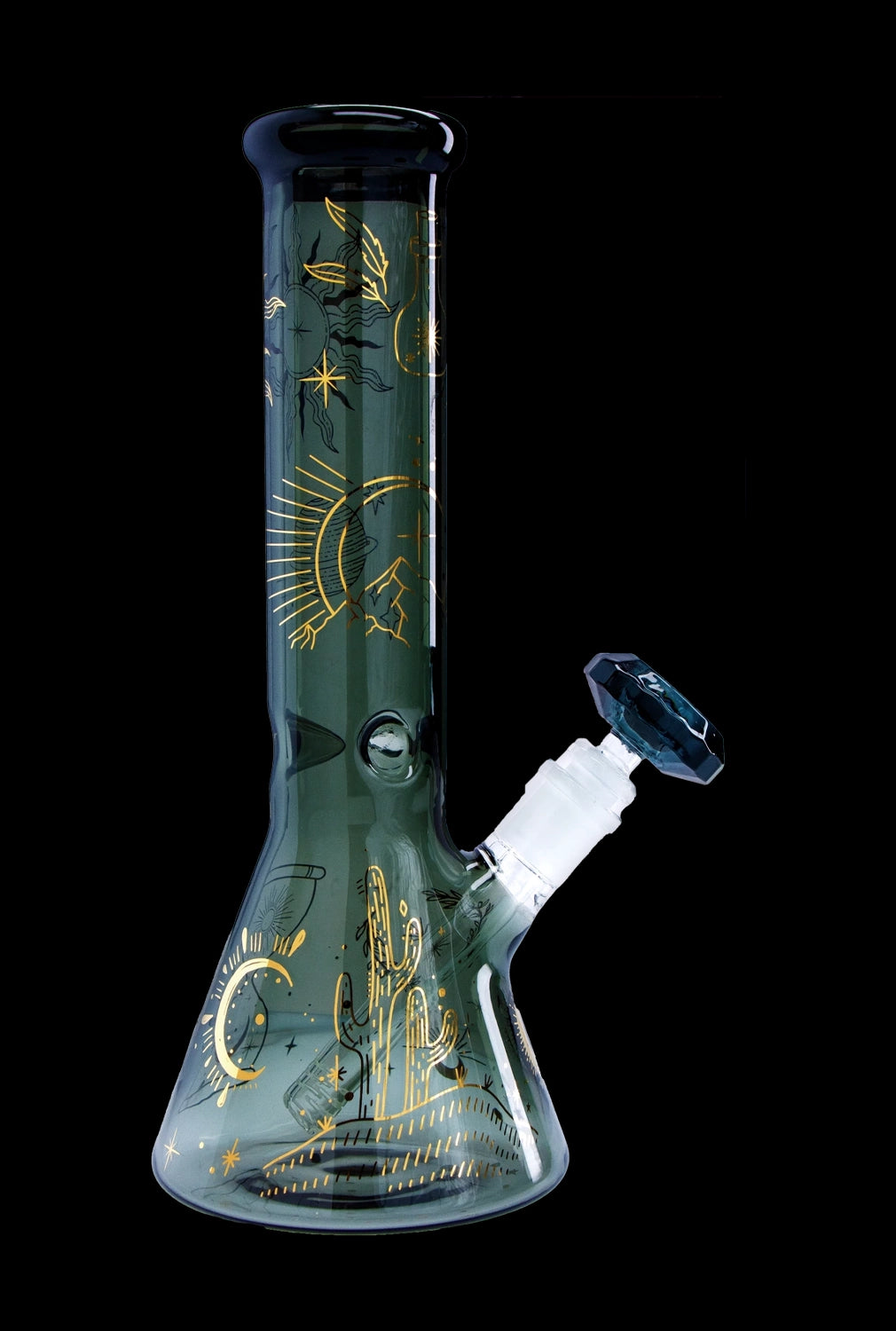 Green glass bong with gold celestial and desert-themed illustrations.