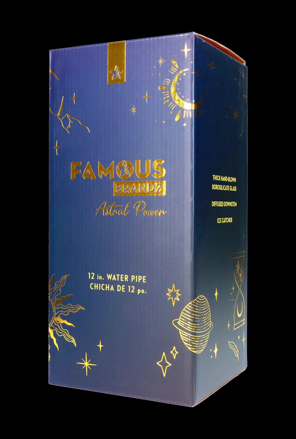 Blue box for “Famous Brandz” 12-inch water pipe, featuring astral and celestial imagery and product details.