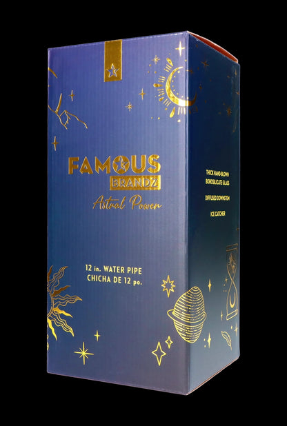 Blue box for “Famous Brandz” 12-inch water pipe, featuring astral and celestial imagery and product details.