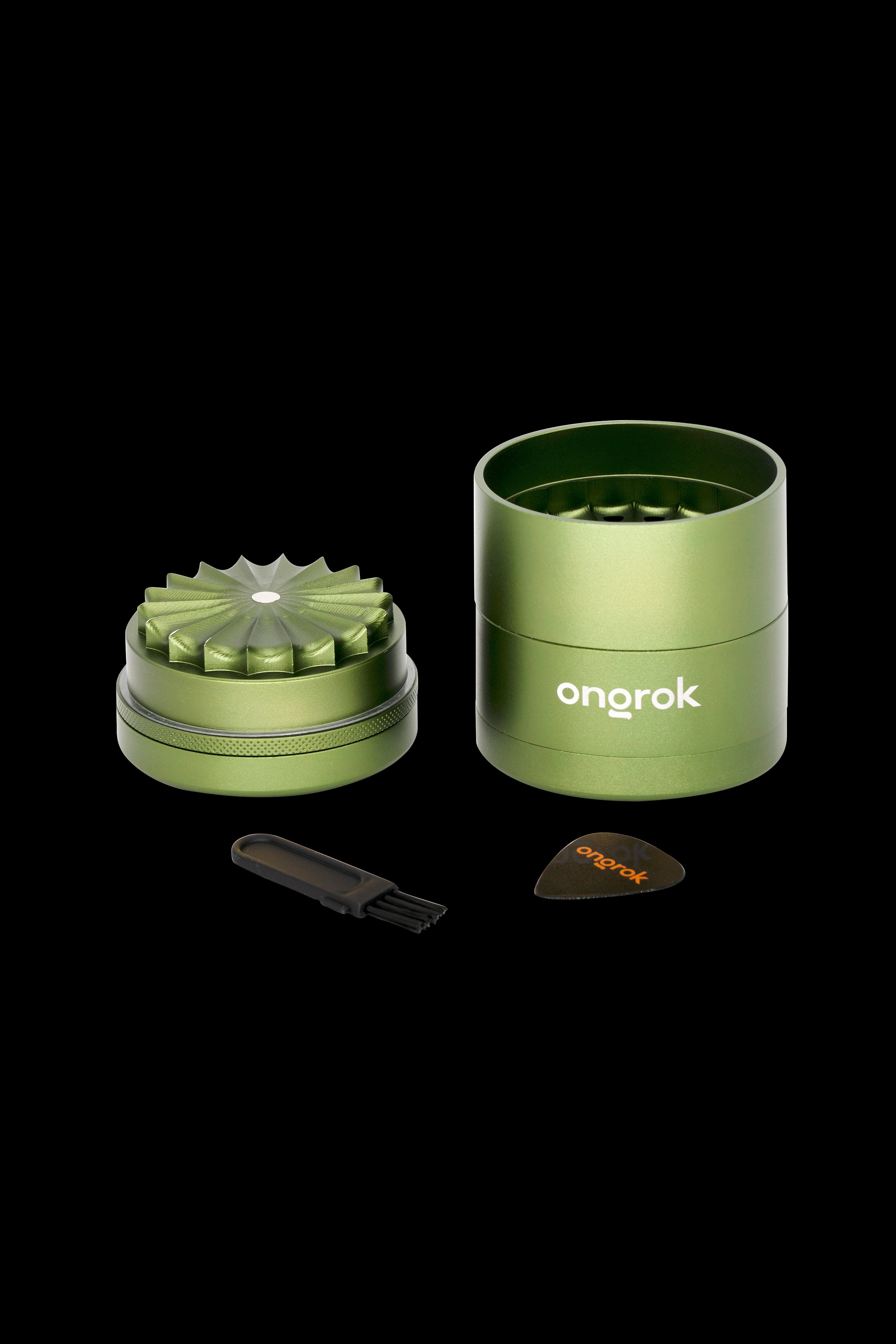 Green metal grinder for cannabis with cleaning tool and storage container, branded “ongrok.”