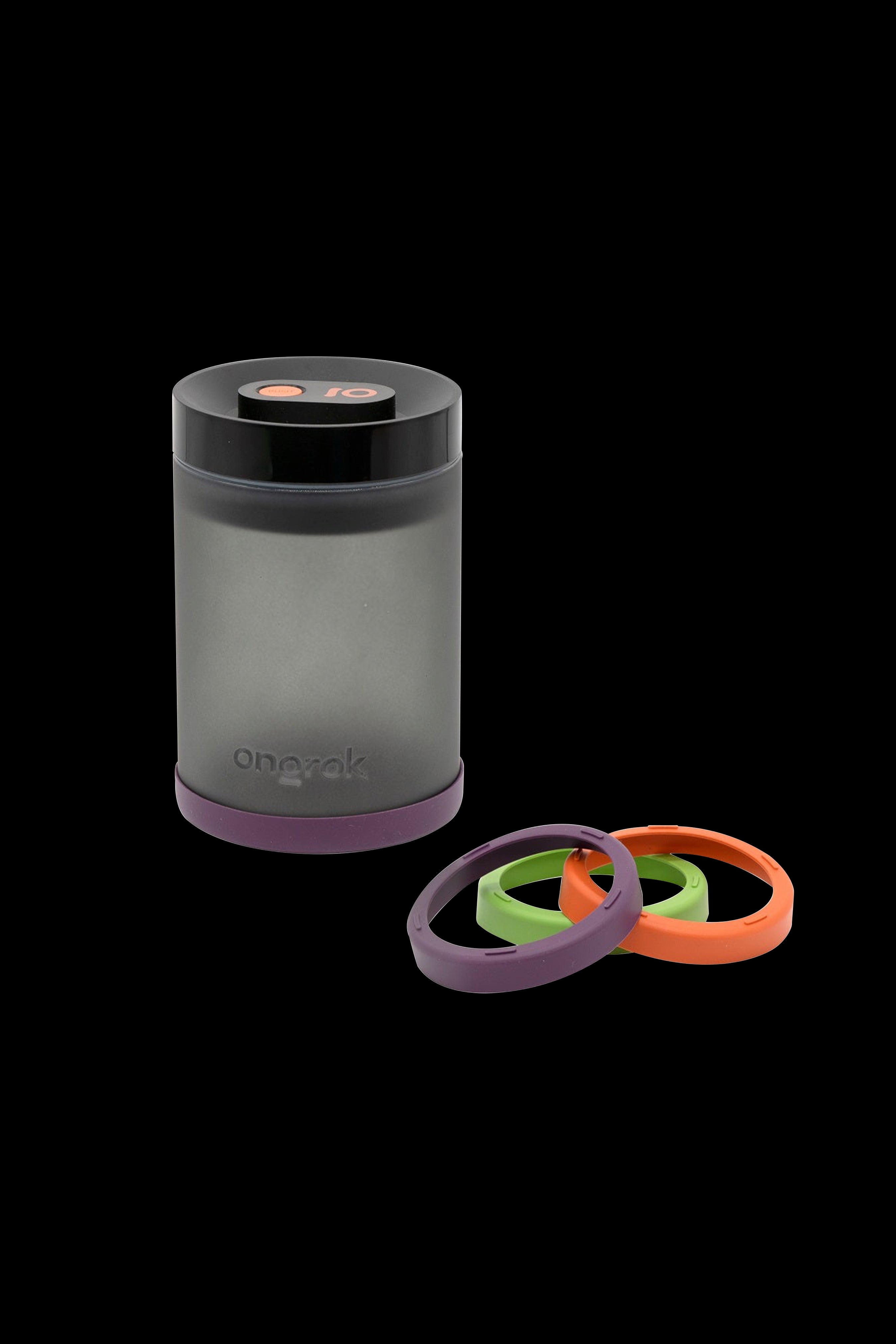 A clear, cylindrical container with a purple base and lid, marketed as an odor-proof storage solution for cannabis, accompanied by three colorful silicone rings.