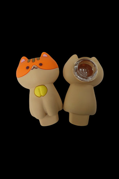 Orange silicone cat-shaped smoking pipe with visible bowl.