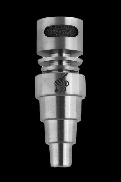 Silver titanium e-nail with a honeycomb-patterned heating element, displaying a branded logo.