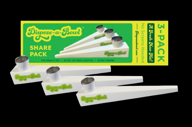 Pack of disposable one-hitters labeled "Dispose-a-Bowl" with green and gold branding.
