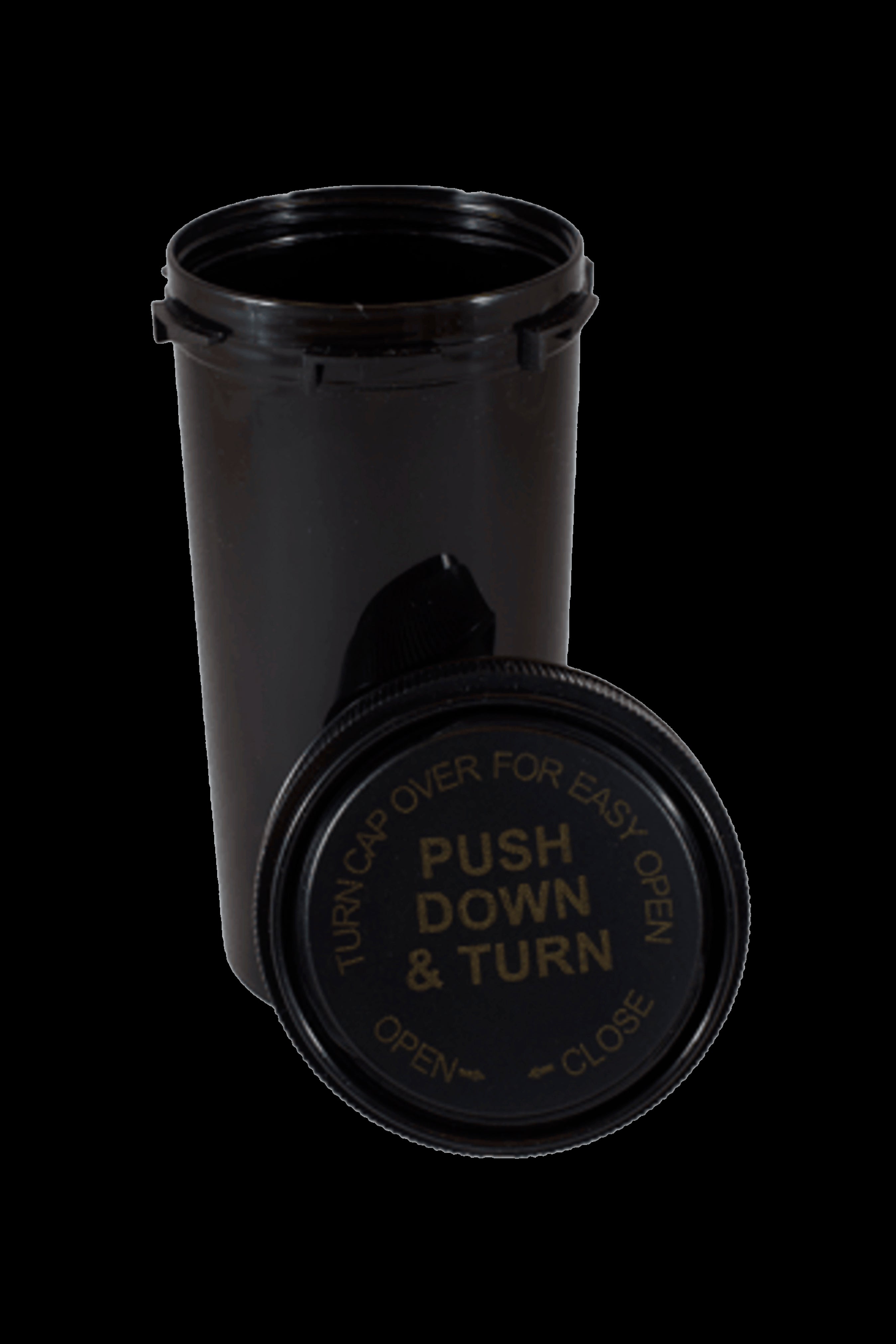 Cannabis container with child-resistant screw-on lid displaying opening instructions.