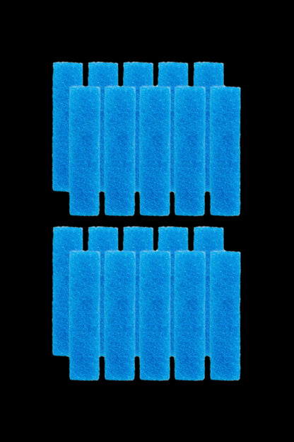 Blue foam filters for cannabis smoking devices, arranged in two rows.