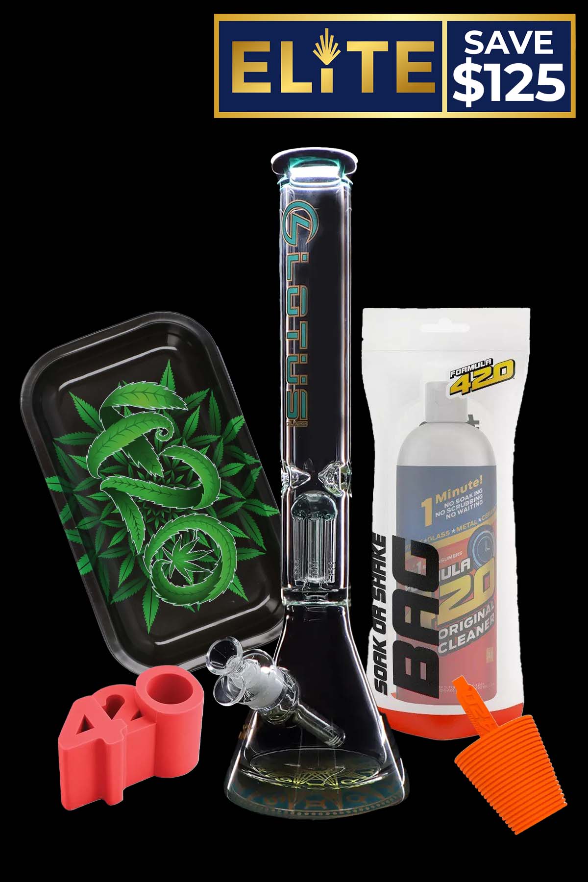 Cannabis smoking kit including a glass bong, rolling tray with marijuana leaf design, silicone accessories, and cleaning solution.